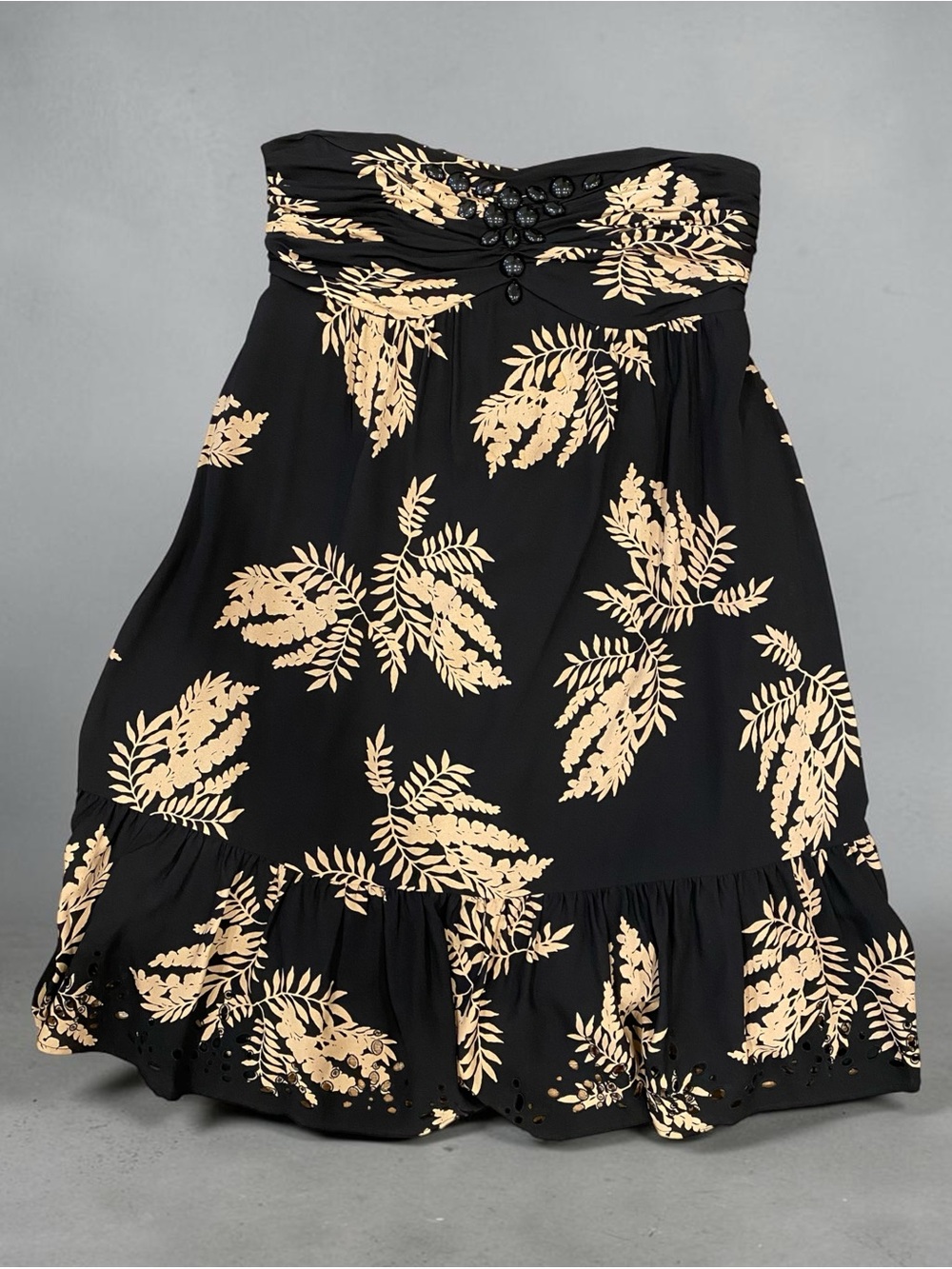 Shoshanna Black Strapless dress with Beige Floral Print Bohemian Vintage